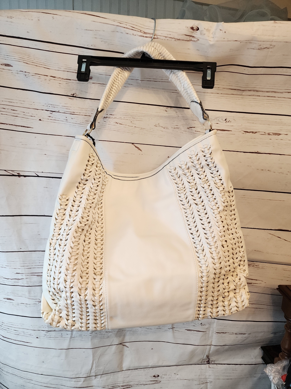 White Woven Faux Leather Hobo Shoulder Bag - Women's Bag